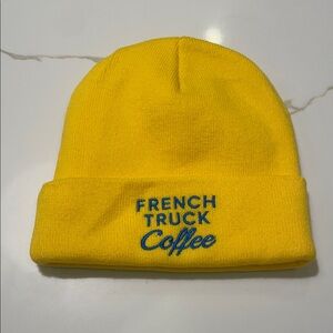 French Truck Coffee Yellow Beanie with Blue Embroidery